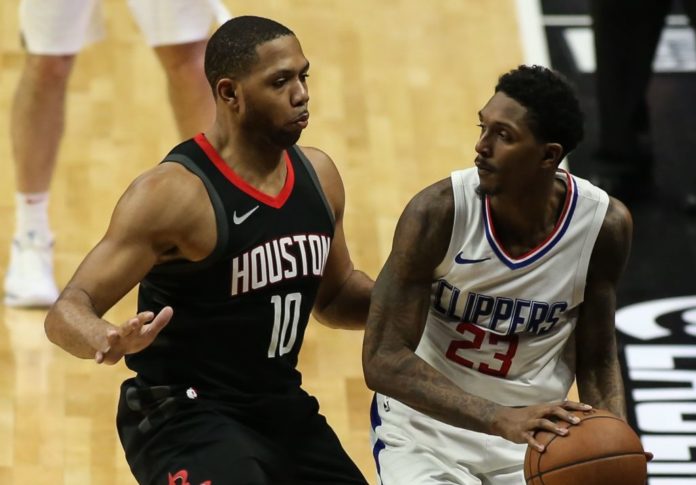 Rockets' Eric Gordon (left) defending Clippers' Lou Williams (right) in Rockets vs Clippers game in 2018
