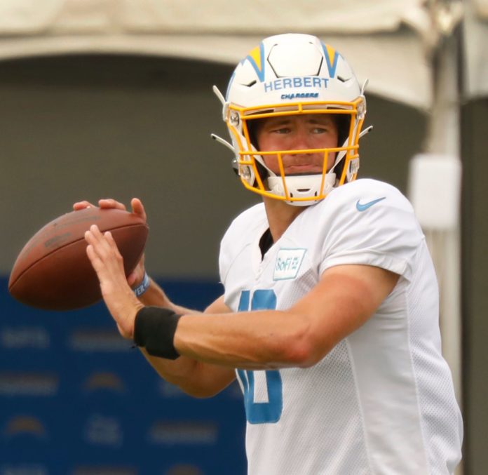 Justin Herbert at Los Angeles Chargers football team practice in 2020.