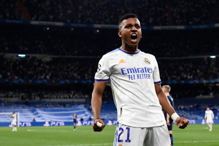 Rodrygo of Real Madrid during the UEFA Champions League Semi Final Leg Two match between Real Madrid and Manchester City in May 2022