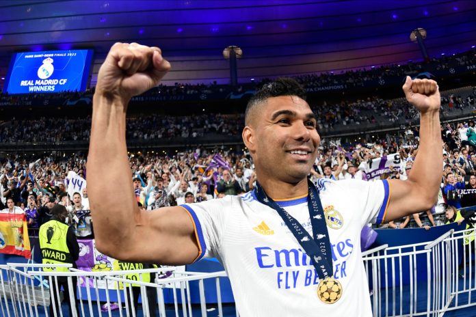 Casemiro of Real Madrid celebrates victory after the UEFA Champions League final match between Liverpool FC and Real Madrid in May 2022