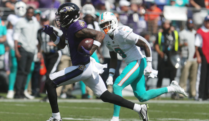 Baltimore Ravens WR Rashod Bateman (7) during a game against the against the Miami Dolphins in September 2022