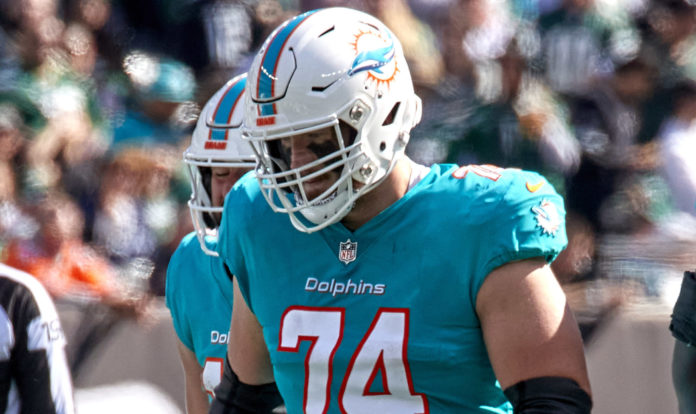 Miami Dolphins offensive tackle Liam Eichenberg in October 2022