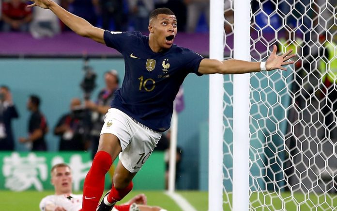Kylian Mbappe of France celebrates scoring a goal to make the score 2-1 France v Denmark, FIFA World Cup 2022