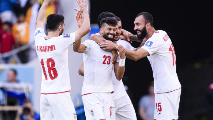 Ahmed bin Ali Stadium Ramin Rezaeian of Iran celebrates after scoring a goal (0-2) during the match between Wales and Iran at the 2022 World Cup