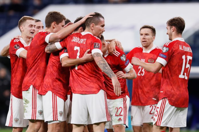Anton Zabolotny of Russia celebrates a goal with teammates during the 2022 FIFA World Cup Qatar in 2021