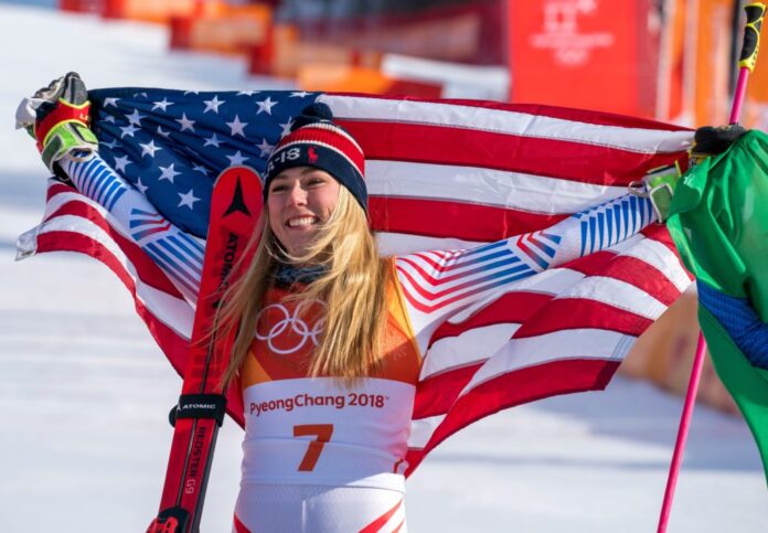 Mikaela Shiffrin celebrating her giant slalom victory at the Winter Olympic Games in 2018