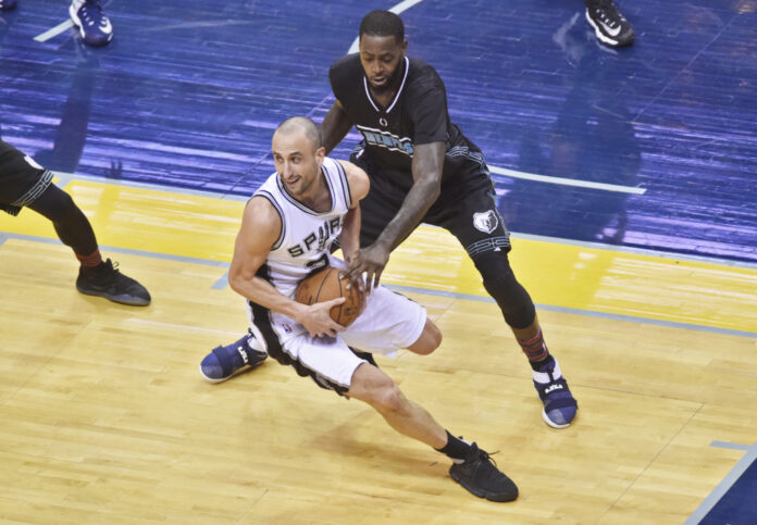 San Antonio Spurs guard Manu Ginobili and Memphis Grizzlies forward JaMychal Green in 2017.