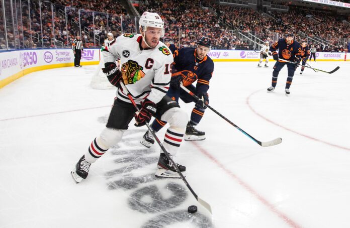 Jonathan Toews with Chicago Blackhawks in 2021.