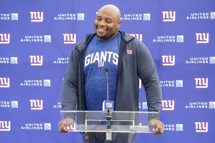 Dexter Lawrence of New York Giants at a press conference in 2022