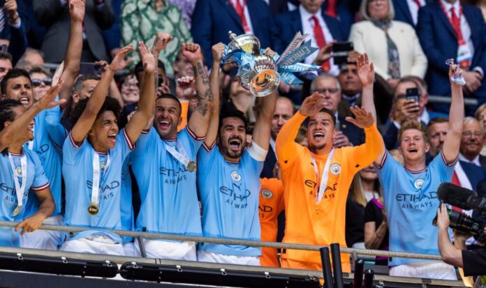 Ilkay Gundogan of Manchester City lifts The FA Cup Manchester City v Manchester United at The Emirates FA Cup Final in June 2023