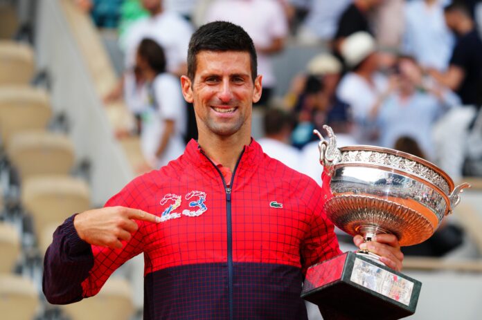 Novak Djokovic celebrates winning the French Open in June 2023