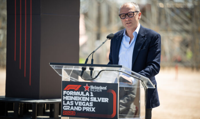 Formula One Group President and CEO Stefano Domenicali speaks during a topping out event for the Las Vegas Grand Prix paddock building in April 2023