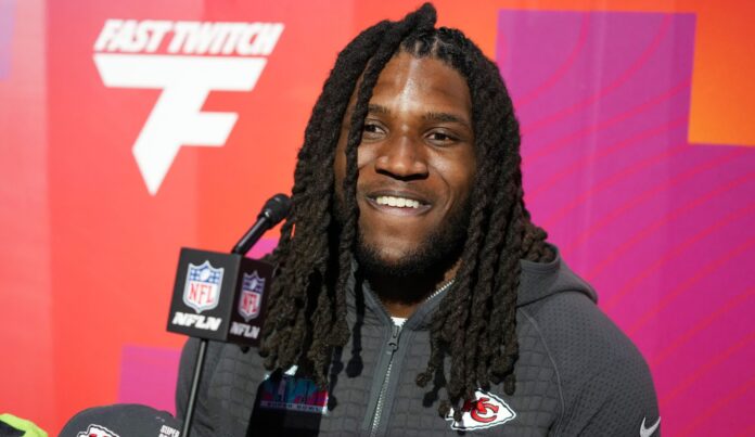 Kansas City Chiefs linebacker Nick Bolton during an Opening Night media event ahead of NFL Super Bowl LVII in February 2023